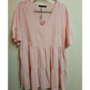 Fancy Inn Pink Boho Coquette Feminine Cotton Dress With Pockets Size XL